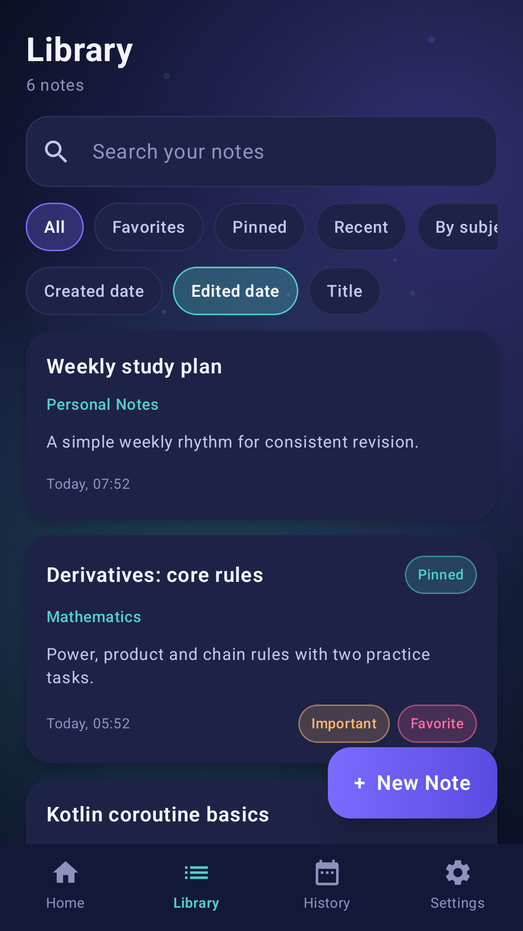 NoteWise Journal library screen